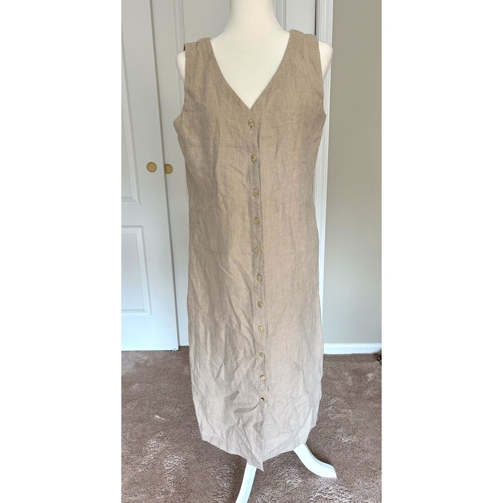 Rafaella Vintage Linen Dress Lagenlook Minimalist Coastal Button-Down Beige 10